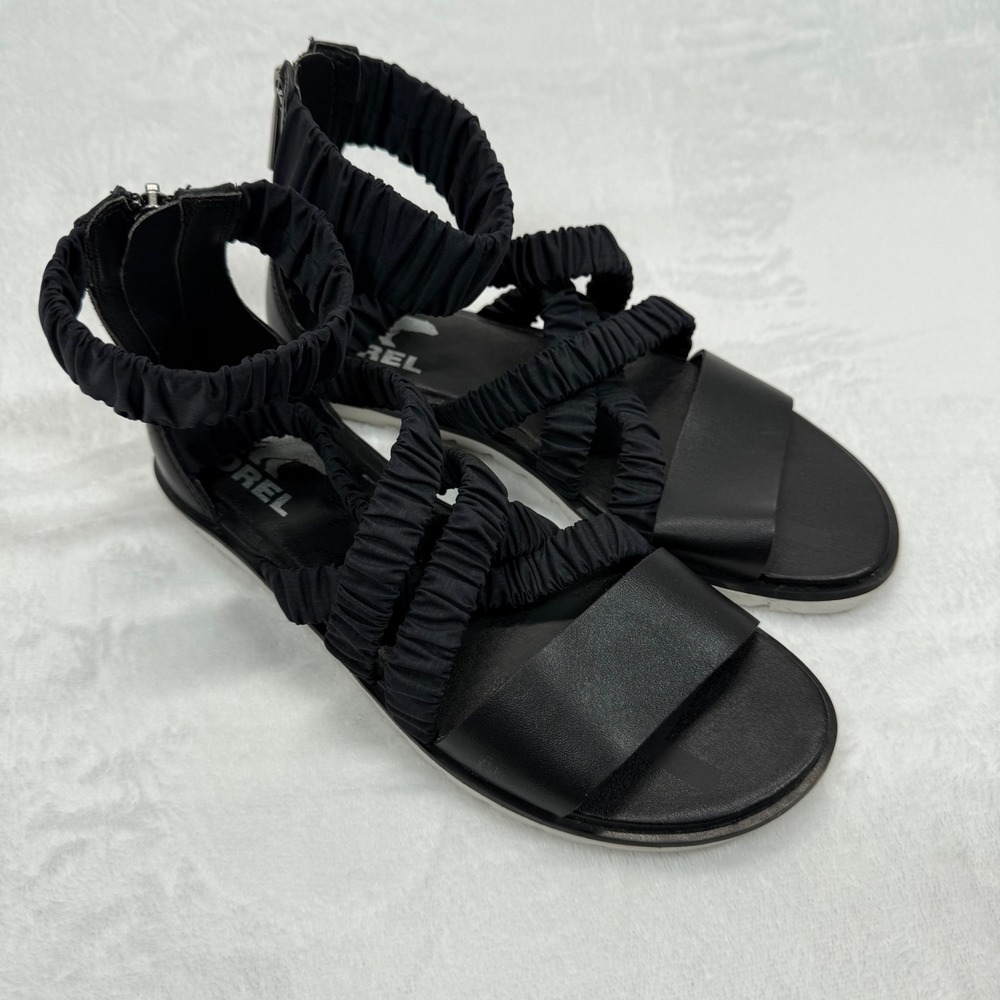 Sorel Gladiator Sandals Ruched Straps Back Zipper Black Leather Size 6.5